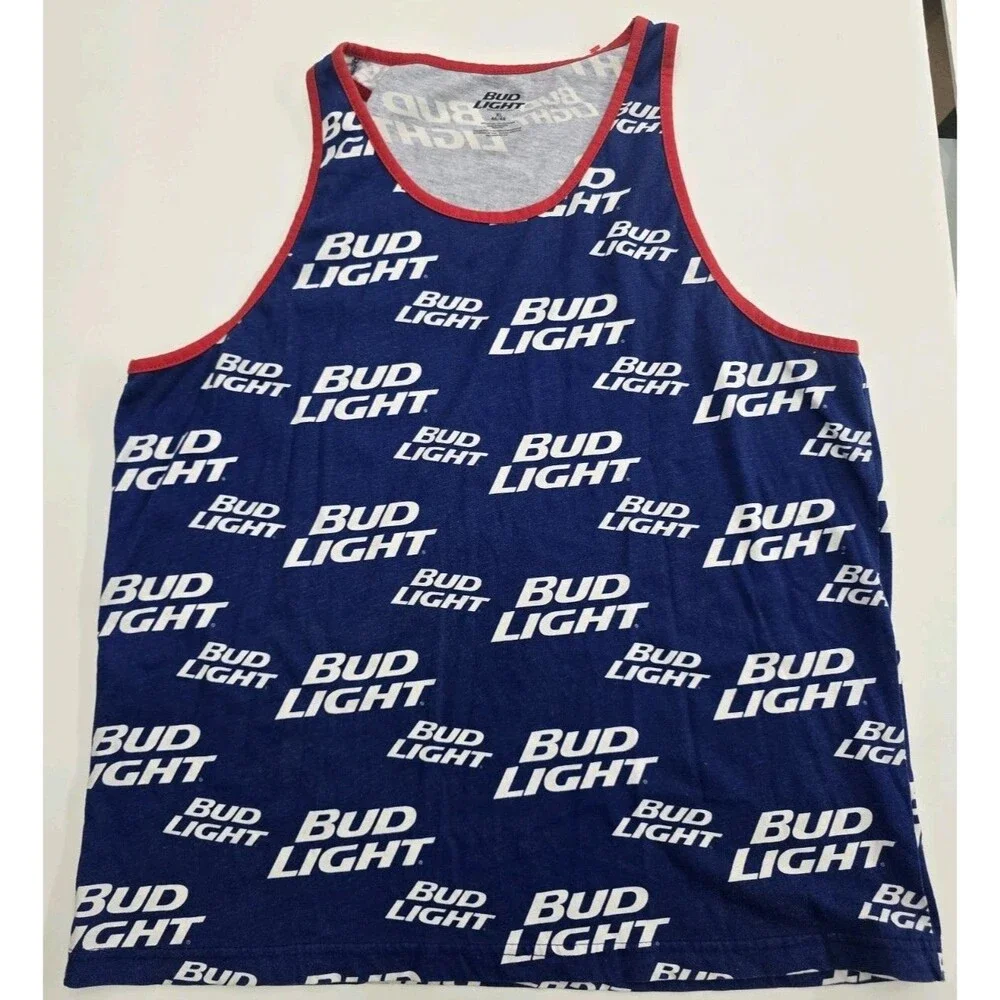 Bud Light Beer Men's Tank Top All Over Print Logo Blue Red Trim Size XL 46/48